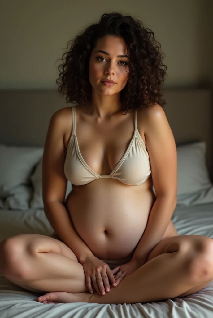 A brunette girl with curly hair and big breasts sits with her legs stretched out, taking a realistic photo