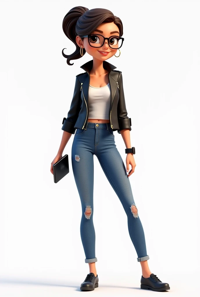 Create a high-resolution 3D animated cartoon character of a modern, stylized woman with a sleek and fashionable appearance. She should have a confident and dynamic pose, reflecting a contemporary and tech-savvy vibe. Outfit her with trendy clothing like a ...