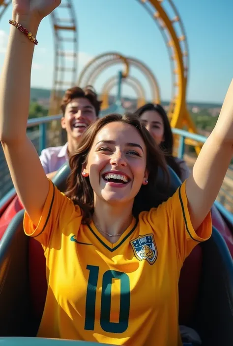 Capture the realistic essence of a beautiful woman riding a rollercoaster with a friend. She is excited, smilling and screaming, with her arms up. The woman is brunette with blue eyes, full body. Use a Phase One XF IQ4 150MP camera paired with a Schneider ...