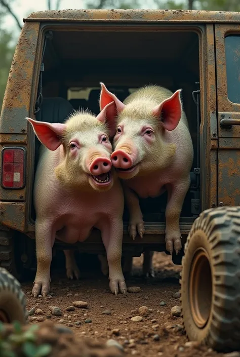 Pig copulating in an all-terrain car