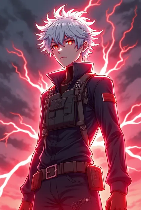 An anime-style illustration of Taniko Awish, a 16-year-old male with white spiky hair and vivid red eyes, exuding a calm and stoic demeanor. He is extremely good-looking and surrounded by a dynamic aura of red, sparking lightning. His floating hair appears...