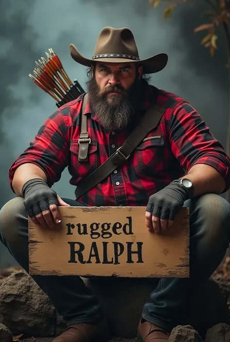 A rugged, bearded man with a tough and muscular build, wearing a red and black checkered flannel shirt, cowboy hat, and fingerless gloves. He is sitting confidently, holding a wooden sign that reads Buy Rugged Ralph in bold, rough handwriting. The man has ...