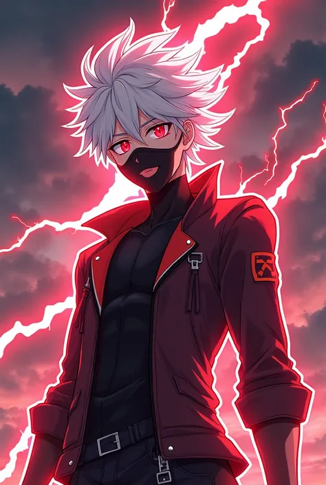 An anime-style illustration of Taniko Awish, a 16-year-old male with white spiky hair and vivid red eyes, exuding a calm and stoic demeanor. He is extremely good-looking and surrounded by a dynamic aura of red, sparking lightning. His floating hair appears...