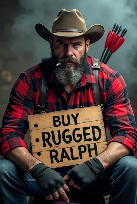 A rugged, bearded man with a tough and muscular build, wearing a red and black checkered flannel shirt, cowboy hat, and fingerless gloves. He is sitting confidently, holding a wooden sign that reads Buy Rugged Ralph in bold, rough handwriting. The man has ...