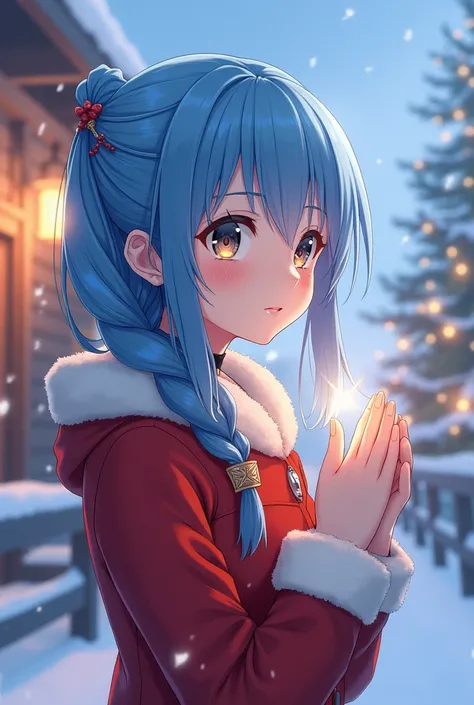 Marry Christmas! Asuna Yuuki fringer is blue hair and braid with gentle of the kind-hearted a small ponytail. Is from heroine Sword art online. 8K, dynamic animation style, Makoto Shinkai style, exquisite face.
