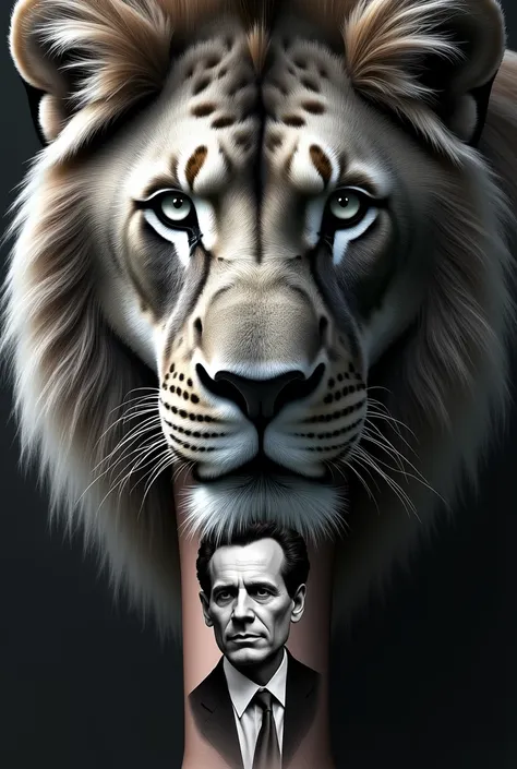 an image with the face of a lion in the background with and from the same face a legendary gentleman appears as for a tattoo on the forearm with highlighted black and white colors