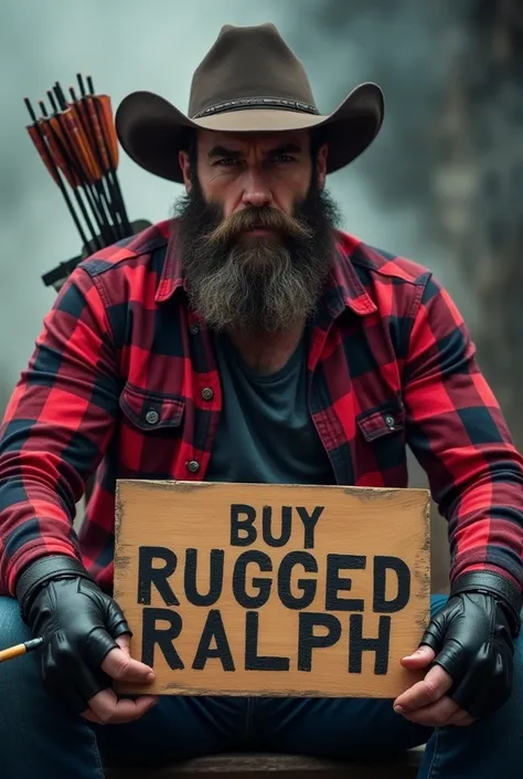 A rugged, bearded man with a tough and muscular build, wearing a red and black checkered flannel shirt, cowboy hat, and fingerless gloves. He is sitting confidently, holding a wooden sign that reads Buy Rugged Ralph in bold, rough handwriting. The man has ...