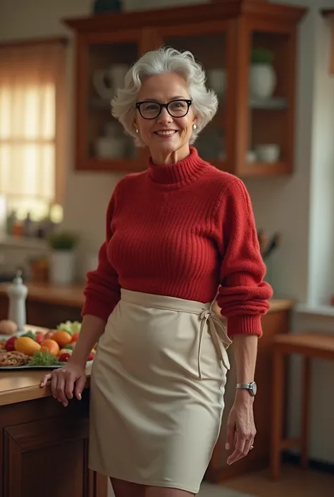  Mother housewife , In red sweater , glasses, white,  kitchen apron short latex fabric skirt, busty