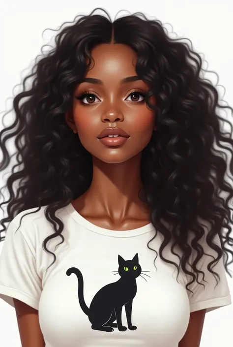 A cute black woman with curly hair down to her back in a white blouse with a drawing of a black cat written by Dagipapper 