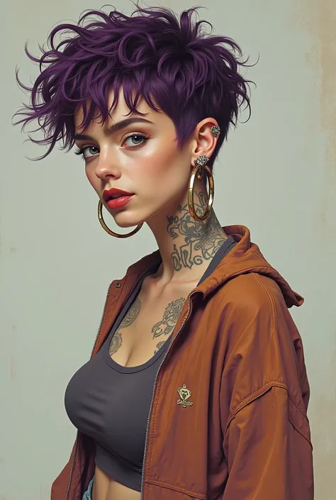 ,  with very short curly hair , super thin white ,  half purple and half brown hair ,  with random tattoos on the arms and around the ear, medium hoop earring ,  height about 1m and 65cm , Make-free skater style , lesbian 