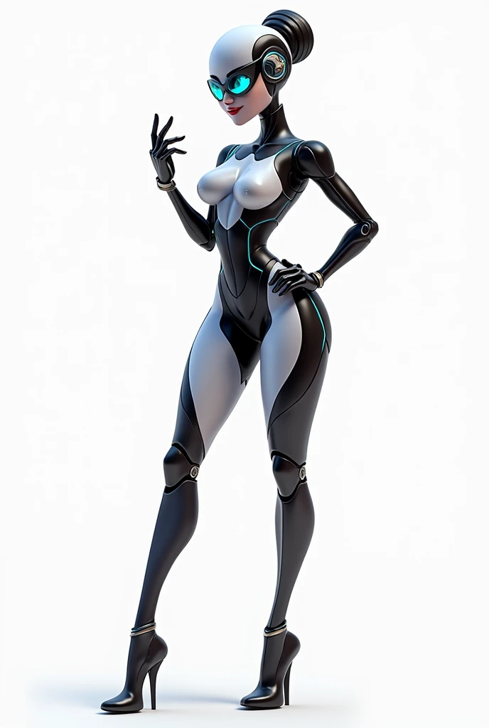 Create a high-resolution 3D animated cartoon character of a sleek, modern robot with a stylish and futuristic design, shown in full body. The robot should have a sexy, confident appearance, combining sophisticated metallic elements with smooth, elegant cur...