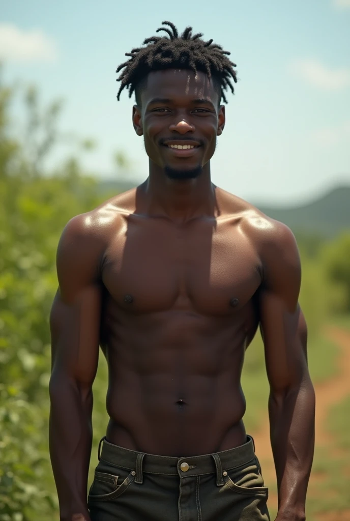 A generic South African black man in his 20s, with no shirt and pants, just naked
