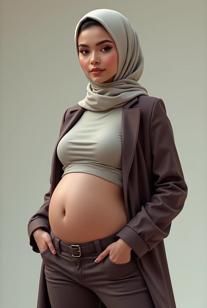 beautiful woman with a big belly in hijab,
wearing trendy clothes, wearing tight pants, beautiful face, curvy body, 