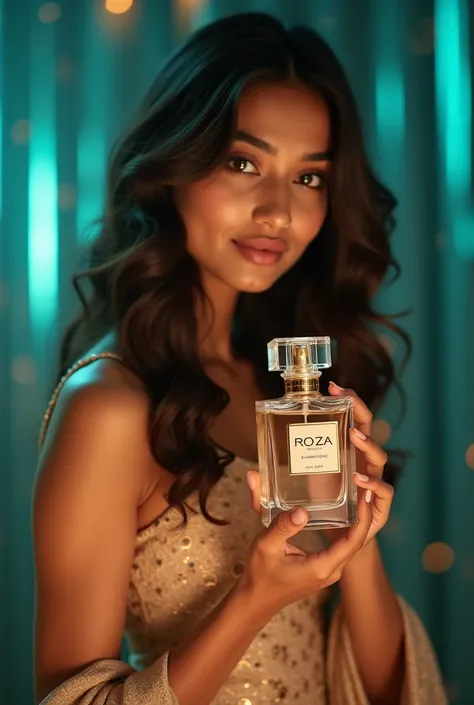 A beautiful Bangladeshi model with glowing skin and traditional yet modern attire, holding a Roza perfume bottle elegantly in her hand. The background is softly blurred with hints of vibrant colors like teal and gold. The model’s expression is poised and c...