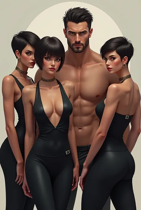 Generate an image of a muscular man surrounded by 3 short-haired women looking forward 