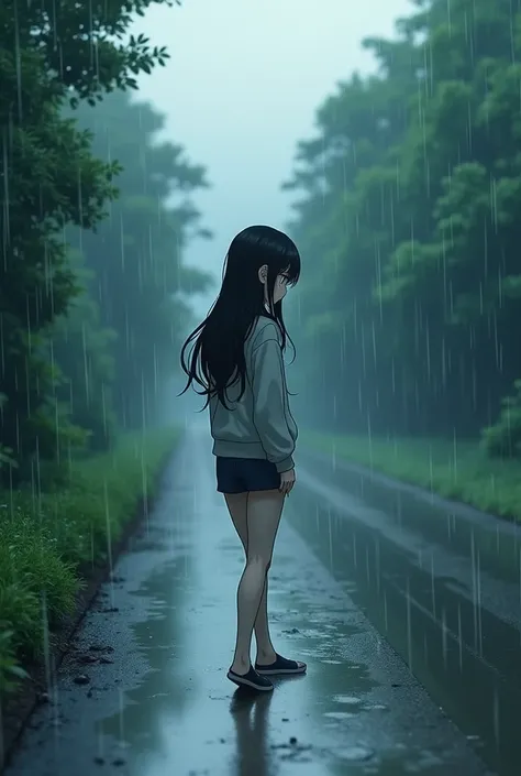 Anime girl walking alone olin road raining wearing earphones blacl hair sideview