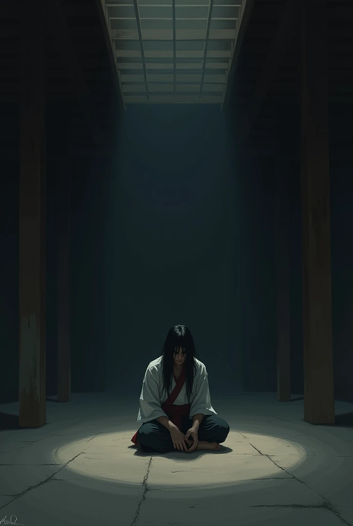  Give me a painting in the 2d style
The place is a dark room, Big and empty ,  the only source of light comes from the wooden ceiling , The light is a cold color .  A young man is huddled on the floor .
 your clothes are medieval Japanese ,  your hair is b...