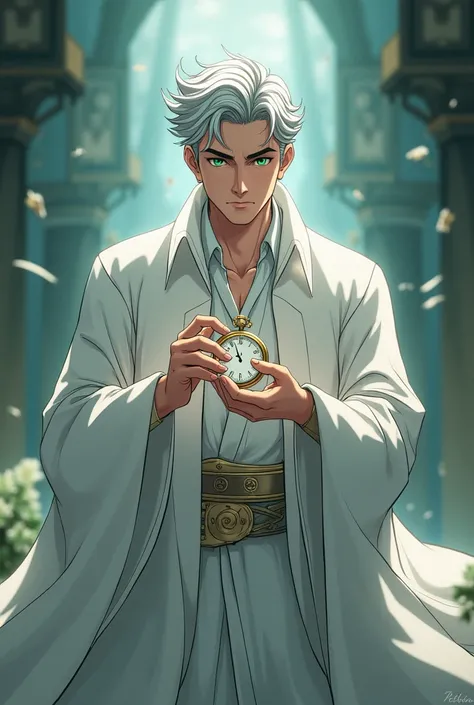 Man in 30s . Silver hair. , green eyes. Anime style . Holding a white pocket watch. White elegant magic robe till knees.