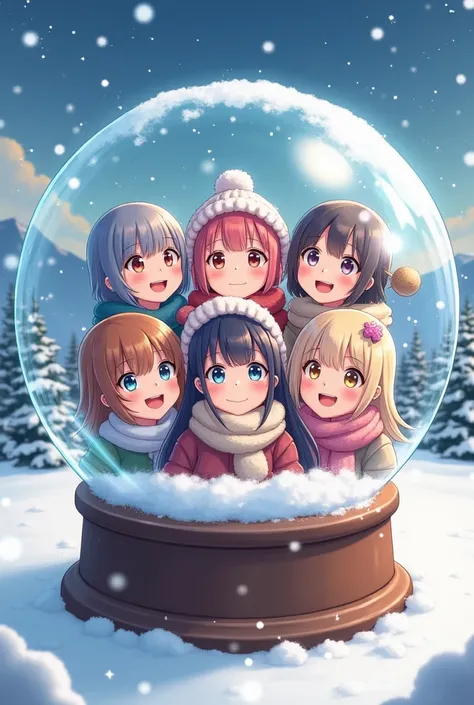 Christmas Decor, A number of 6 girls standing face-on in a snow globe 
