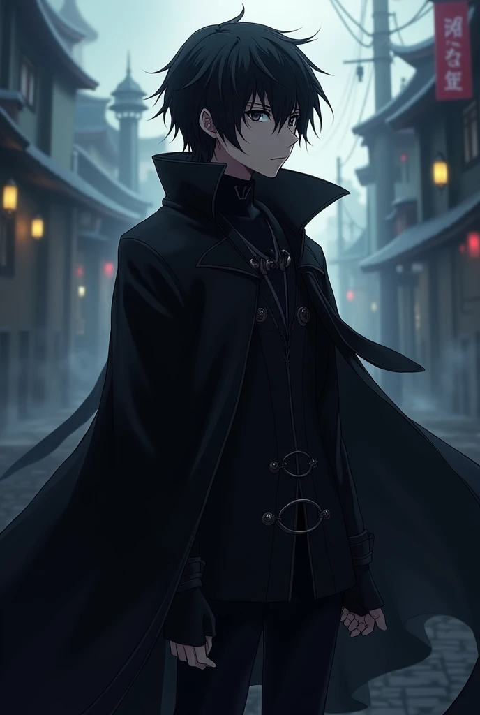 Create a black-haired anime character with a black cape inspired by the character Kirito from sword art online