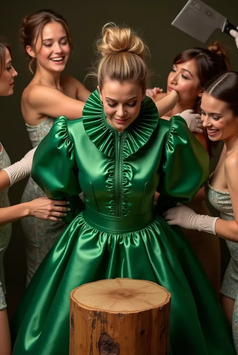 (realistic photograph sideways close up), (a smiling surprised beautiful Caucasian lady with (messy hair bun), she is bent down and wearing a (excessive shiny green silk dress with (long gigantic puff sleeves), (and with an ultra high tight stand-up collar...