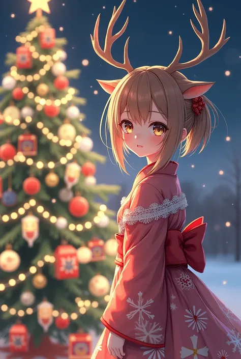 anime girl with antlers of a deer stands near a decorated Christmas tree, she is dressed in a New Years image.