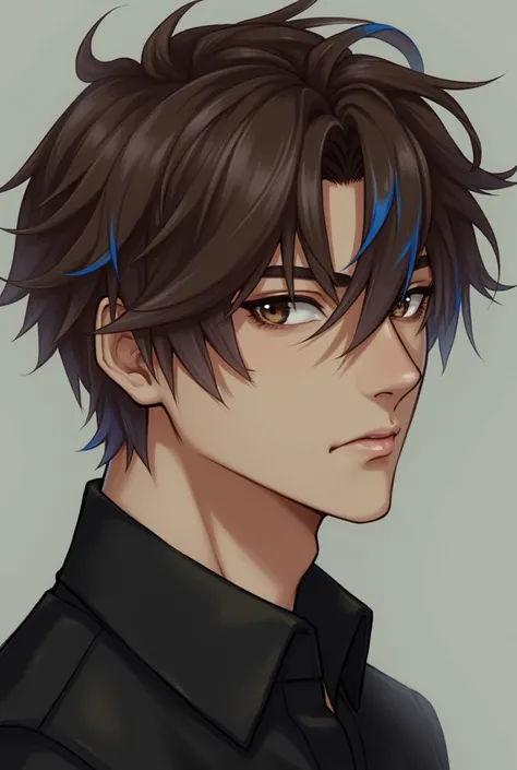  male character,  brown hair with blue highlights,  thick eyebrows, thin lips,  brown eyes 