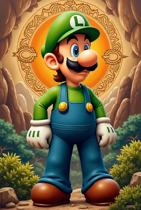 Luigi rock painting style drawing in Inca style 