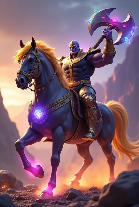 Thanos riding the god of horses, the horse has the space stone in his chest and the realitu stone on his forhead, the stones made the horse glow fiercely, thanos is wearing and armor made from dragonite, the armor has the time stone embeded in its chestpla...