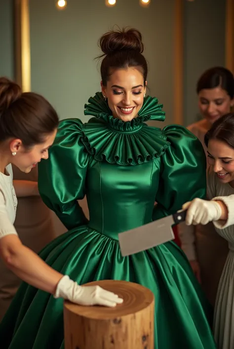 (realistic photograph sideways close up), (a smiling surprised beautiful Caucasian lady with (messy hair bun), she is bent over and wearing a (excessive shiny green silk dress with (long gigantic puff sleeves), (and with an ultra high tight stand-up collar...