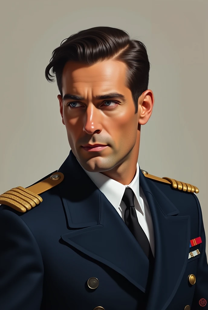  Create a portrait based on the 1955 years of the Londrina , a man with short dark brown hair of the time,  small pointed nose , small mouth, Clean-shaven face,  blue-eyed high society he is wearing a navy blue British Navy uniform 