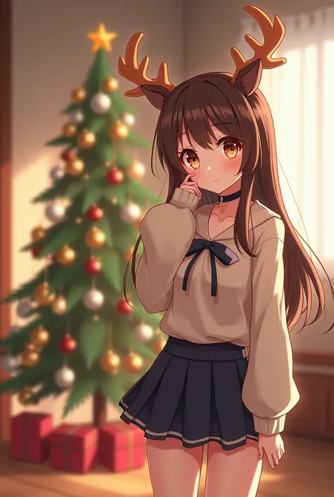 anime girl with antlers like a deer, with big brown eyes, brunetka, dressed in a New Years style.It stands in a decorated house next to a beautiful Christmas tree.