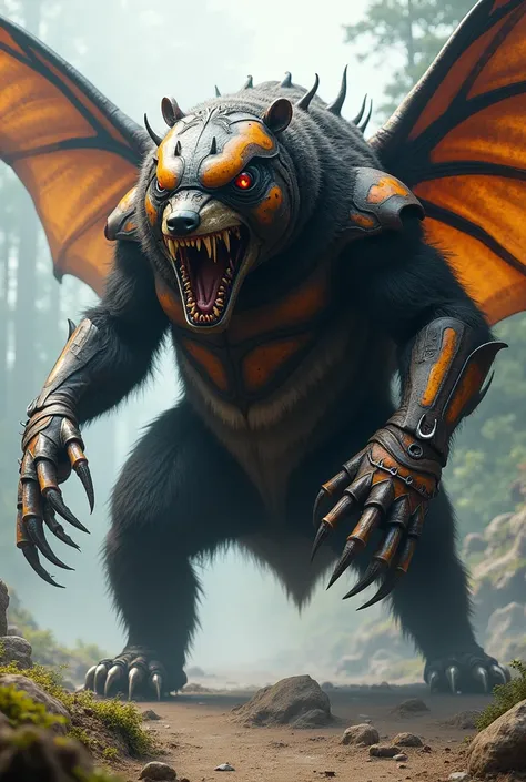  A hybrid monster between a beetle and a bear ,  with an imposing base of a bear :  his body is robust and muscular ,  with great strength evident in his front legs ,  that end in powerful and sharp claws . . His face retains the fierce expression of a bea...