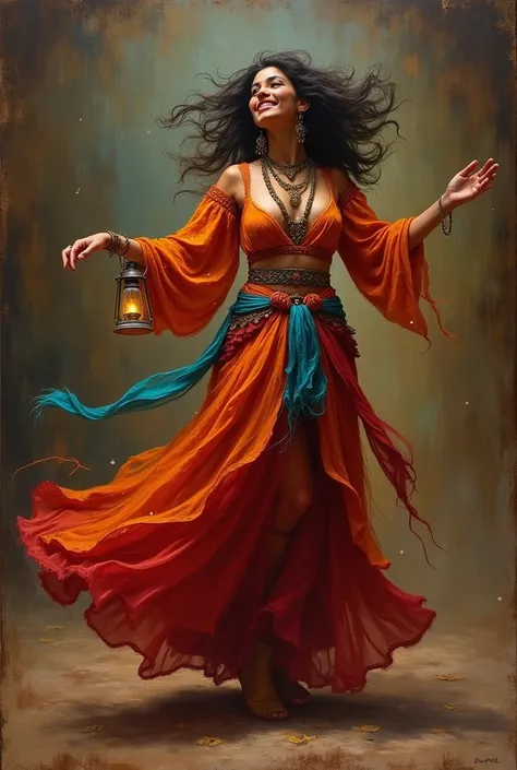 Oil drawing of a gypsy woman dancing 