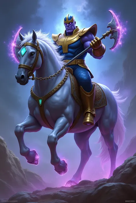 Thanos riding the ghost rider horse, the horse has the space infinity stone in his chest and the reality infinity stone on his forehead, the stones made the horse glow fiercely, thanos is wearing and armor made from dragonite, the armor has the time infini...