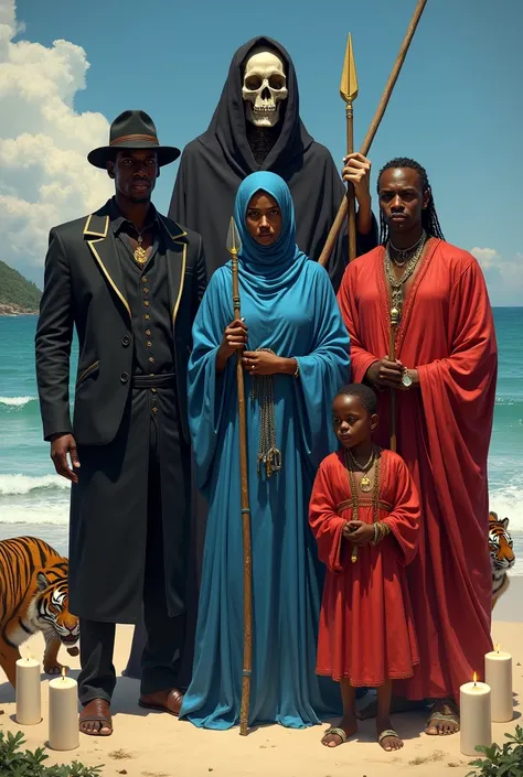  An African man dressed in black with a black hat .  an African woman dressed in blue with a blue veil .  A skull man in a black robe .  An African man in a red robe and a spear in his hand. An African boy in a red robe .  A Spanish girl dressed in green ....