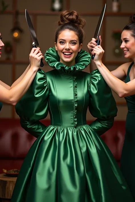 (realistic photograph sideways close up), (a smiling surprised beautiful Caucasian lady with (messy hair bun), she is bent and wearing a (excessive shiny green silk dress with (long gigantic puff sleeves), (and with an ultra high tight stand-up collar up t...