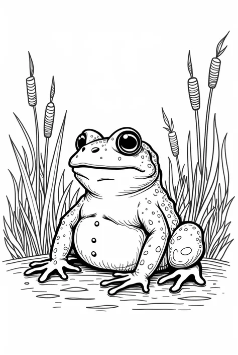 "Create a black-and-white illustration for a rens coloring book. The image should feature a toad (sapo cururu) in a wetland setting. The toad and the wetland background must both be in black and white, with bold, strong, thick, and well-defined lines suita...