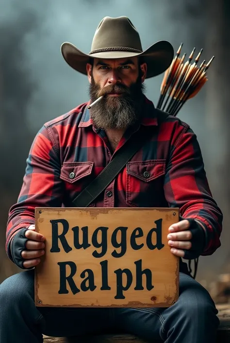 A rugged, bearded man with a tough and muscular build, wearing a red and black checkered flannel shirt, cowboy hat, and fingerless gloves. He is sitting confidently, holding a wooden sign that reads Rugged Ralph in bold, rough handwriting. The man has a qu...