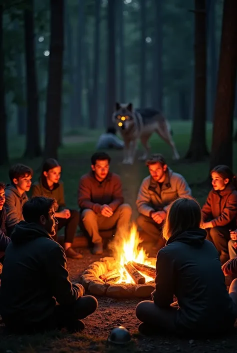 Cozy campfire scene: warm golden light casts long shadows of individuals seated in a circle, their faces aglow with storytelling. In the distance, a lone wolfs silhouette lurking, its eyes glowing like embers against the dark forest backdrop.