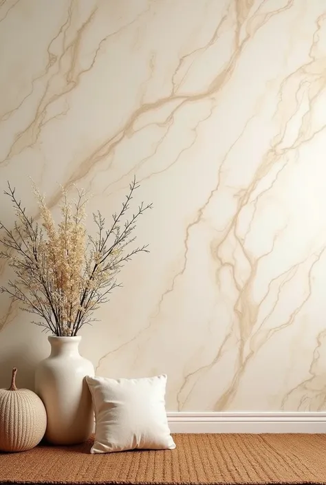 wallpaper features marbled patterns with soft and bright tones , tandis que le tapis a des nuances chaudes de marron. Avec ces éléments, je recommande de garder une harmonie dans votre décoration murale en optant pour :

Des fleurs blanches, ivoire ou crèm...