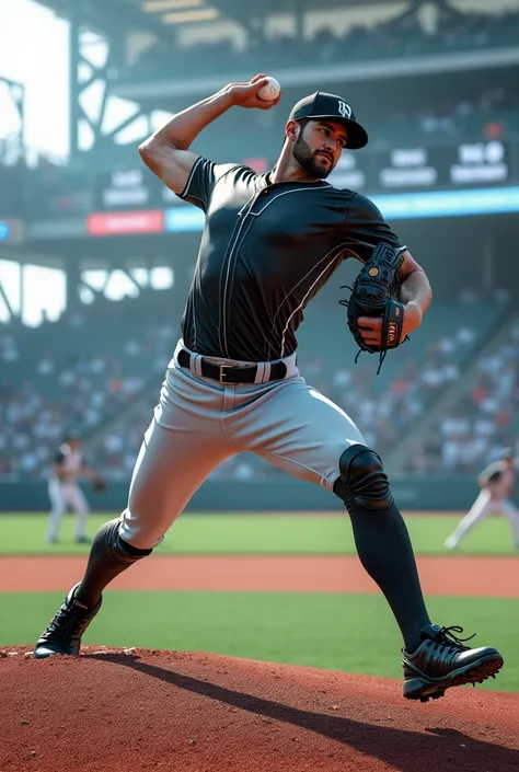 Futuristic male character baseball player pitcher throwing