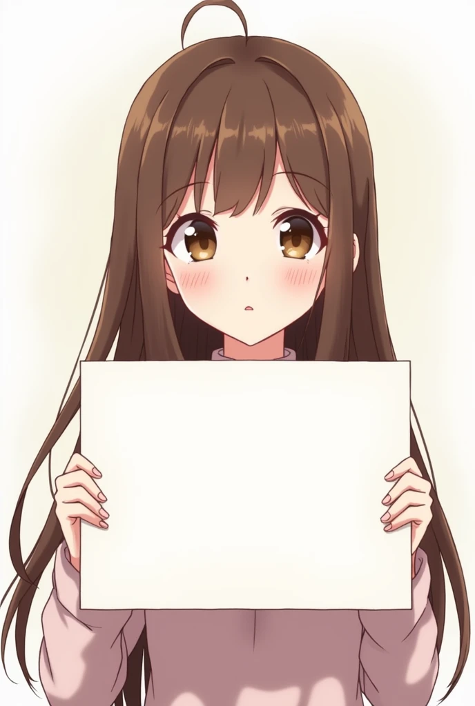 Make an anime-style brown-eyed brunette holding an empty sign 