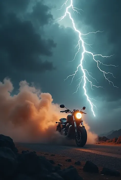 Around it, smoke, dust, thunder, and lightning create a dramatic background, as if designed for a scooter, but without the scooter itself.






