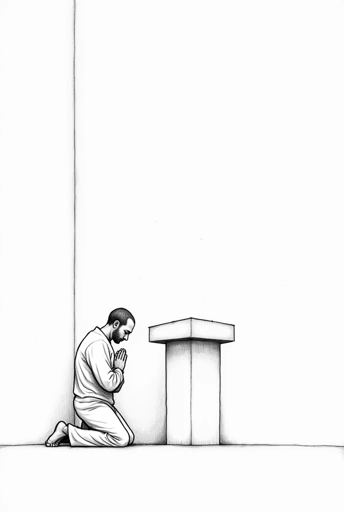  black and white drawing of a man praying next to a pulpit, in an all-white enclosed space 
