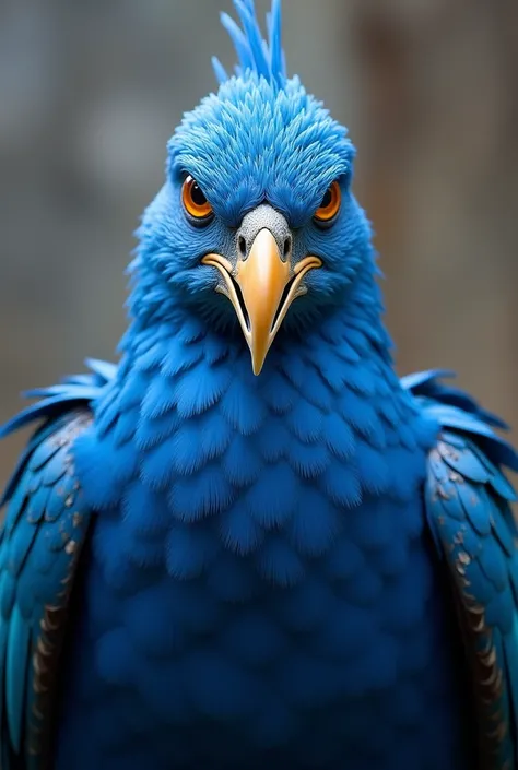  Front portrait of a blue Phoenix bird with an open beak