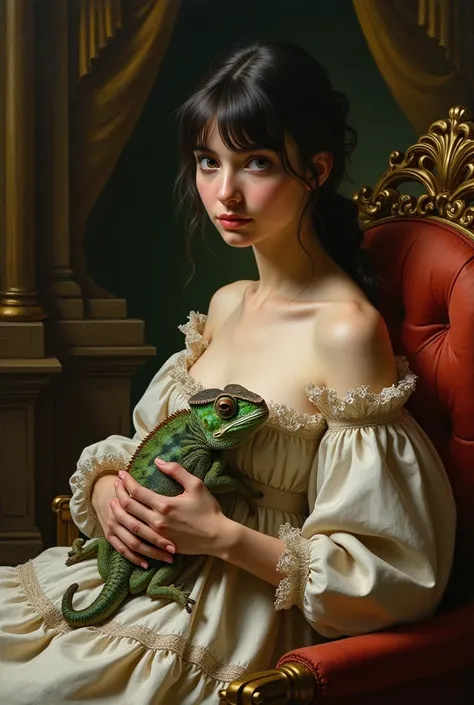 A lady with dark wavy hair with bangs and green eyes holds a chemeleon in her lap in style of renaissance painting