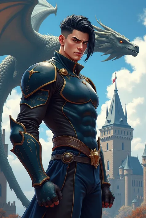 Anime style. Main charachter of overpowered novel. Cool leather armour. A dragon and castle in background. Go wild making him over powered. Black hairs.