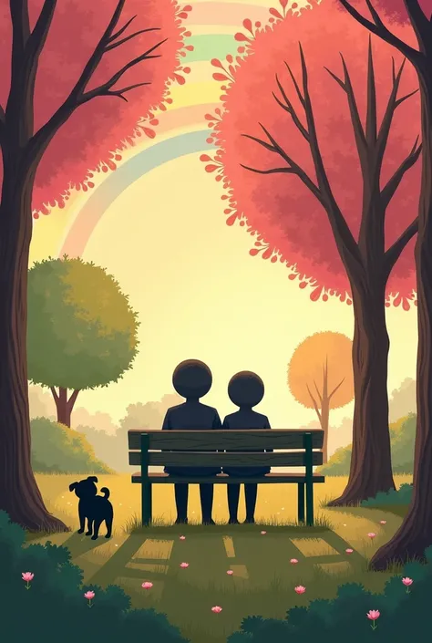  A quiet and lonely park ,  full of varied trees  (Tall Pinos ,  lush oaks and cherry blossoms ).  The scene is illuminated by a soft light from the ,  with orange and pink tones in the sky .  in the background ,  a bright rainbow crosses the landscape ,  ...