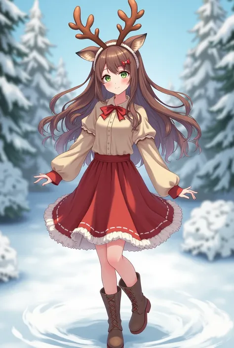  Beautiful girl with green eyes long wavy brown hair, light brown skirt light brown blouse Christmas reindeer costume brown boots reindeer headband in the snow forming a snow bun full body anime style 